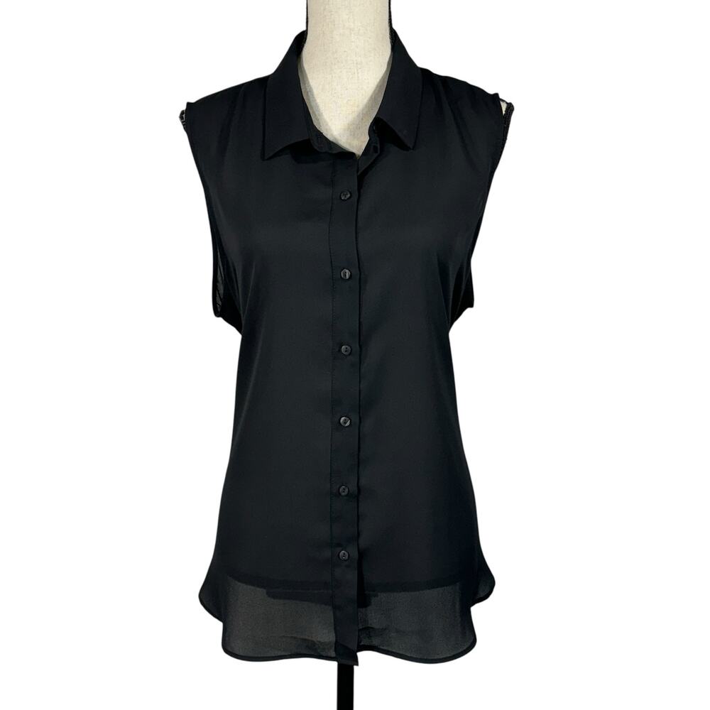 Worthington X-Large Top Button-Up Tie Back Sleeveless Semi-Sheer Collared Black